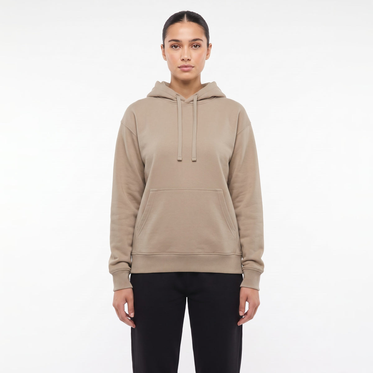 Heavyweight hoodie in sand on a female model